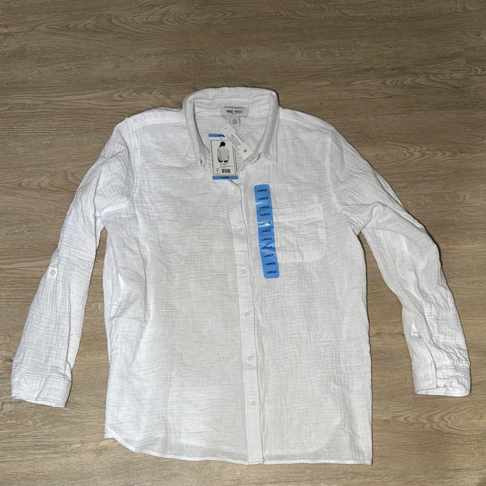 NWT Nine West Women's L Gauzey White Cotton Button Shirt